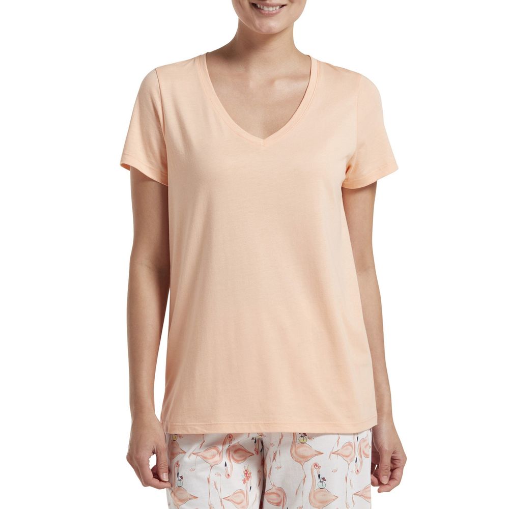Hue Women's Solid Short Sleeve V-Neck Tee Peach Nectar